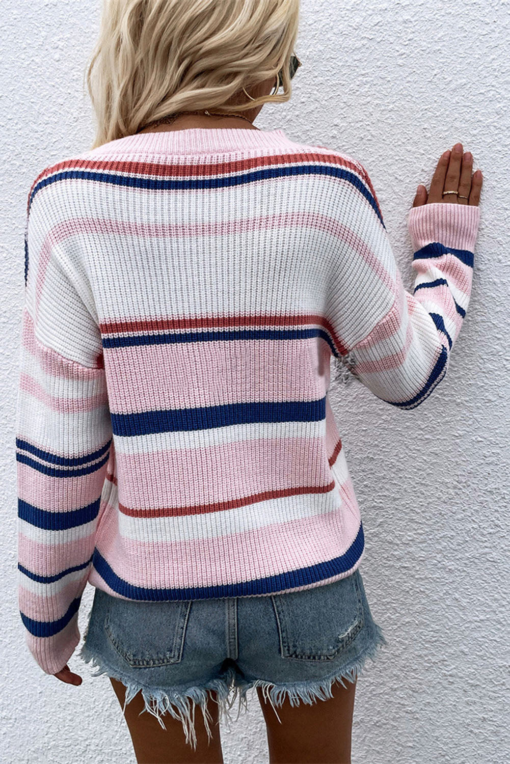 Knitted Crew Neck Striped Color Block Sweater