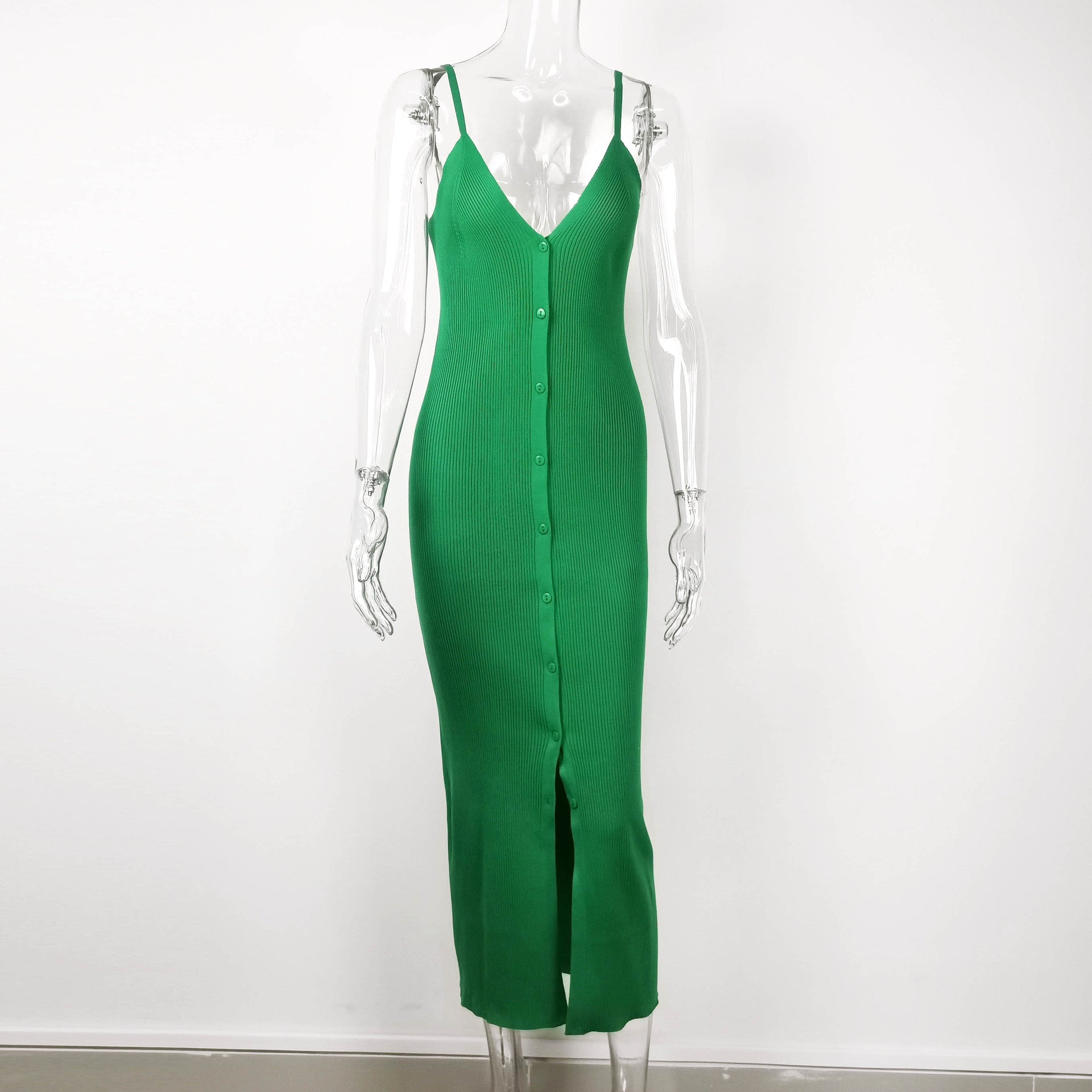 2022 Spring Summer  Style Single-Breasted V-neck Sexy Sling Front Slit Slim Dress