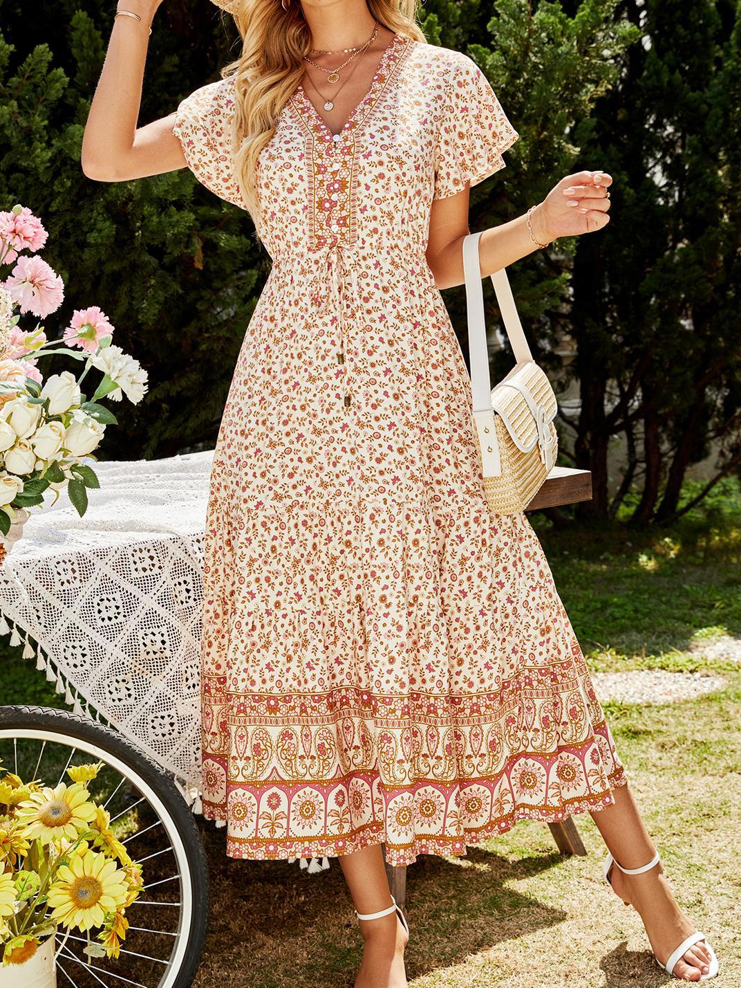 Spring Women Floral Positioning Rayon Printed V-neck Short Sleeve Dress