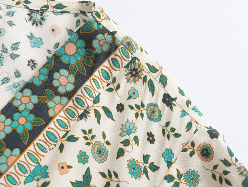 Spring Women Floral Positioning Rayon Printed V-neck Short Sleeve Dress