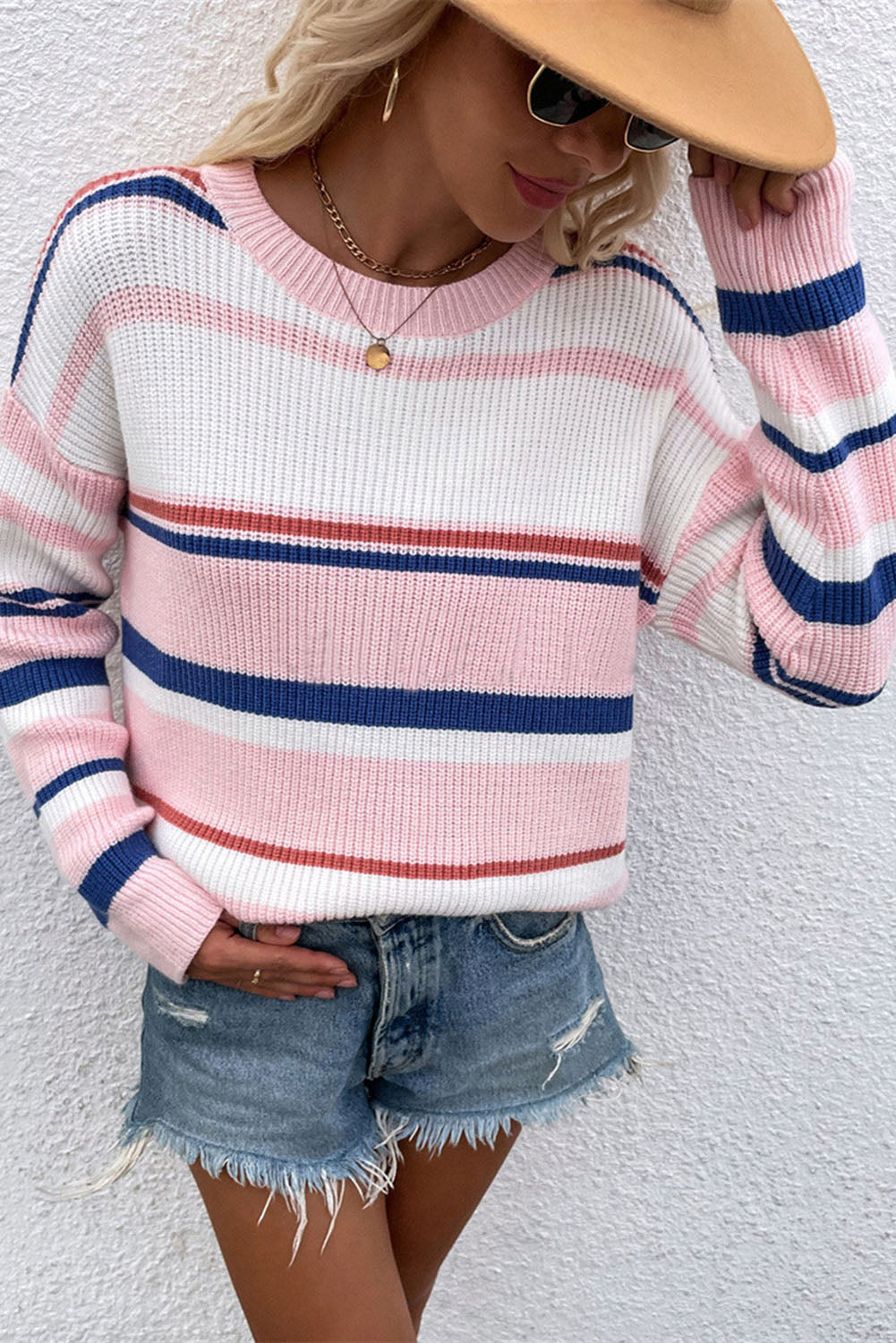 Knitted Crew Neck Striped Color Block Sweater