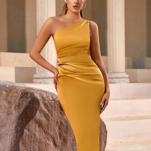 One Shoulder Women&#39;s Club Dress Summer Sleeveless Gold Draped  Fashion Birthday Celebrity Party Female Outfits Dress