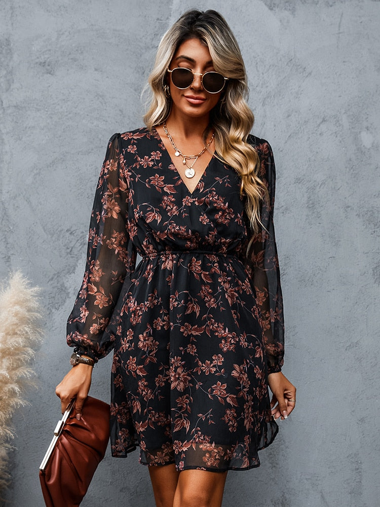 CUPSHE Chiffon V-neck Long Sleeve Mini Dress Woman Navy Floral Holiday Global Fashions GC CUPSHE Chiffon V-neck Long Sleeve Mini Dress Woman Navy Floral Holiday Global Fashions GC