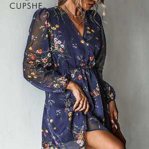 CUPSHE Chiffon V-neck Long Sleeve Mini Dress Woman Navy Floral Holiday Beach Tunic Short Cover Up 2023 Summer Dress Beachwear