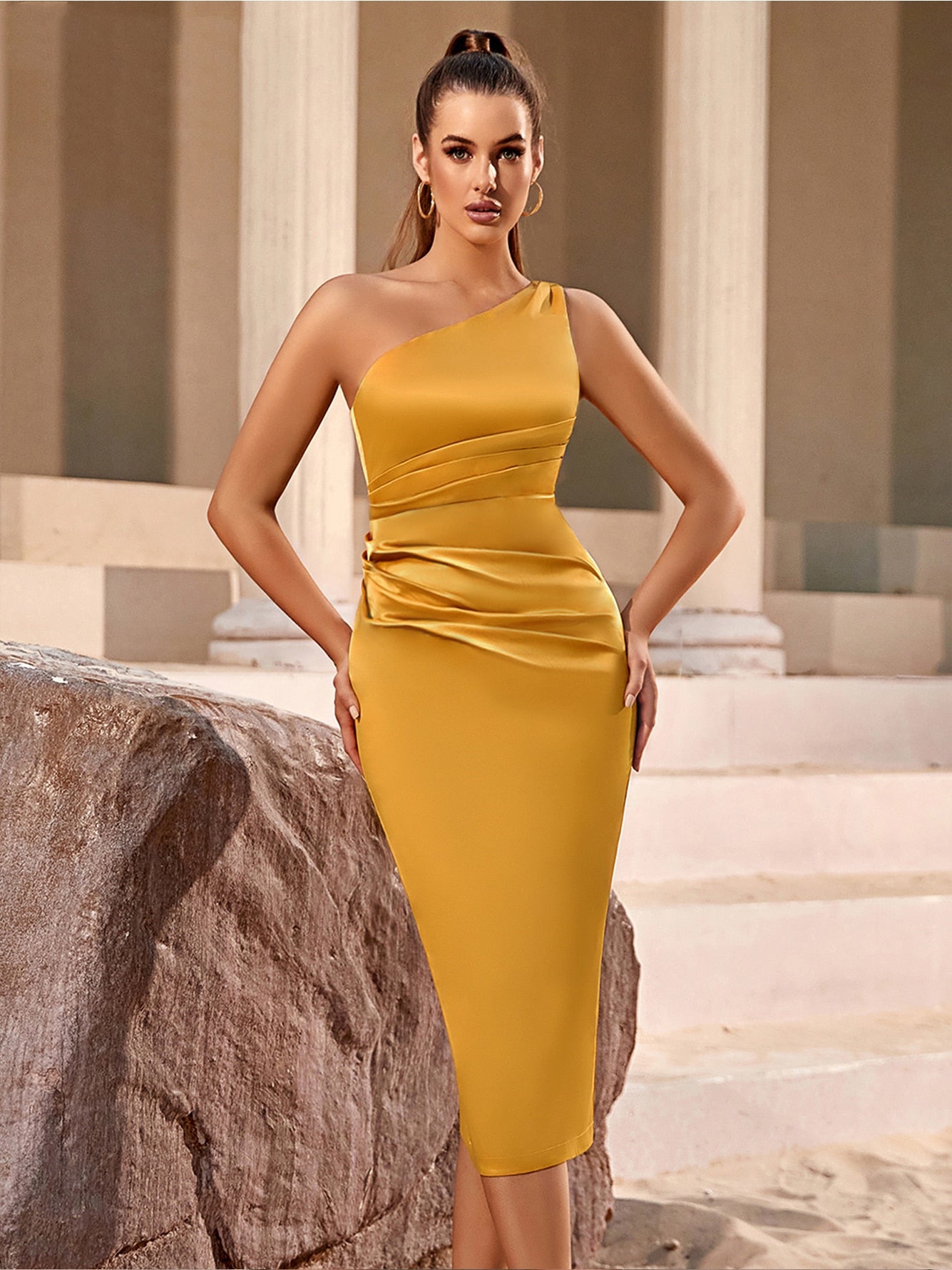 One Shoulder Women&#39;s Club Dress Summer Sleeveless Gold Draped  Fashion Birthday Celebrity Party Female Outfits Dress