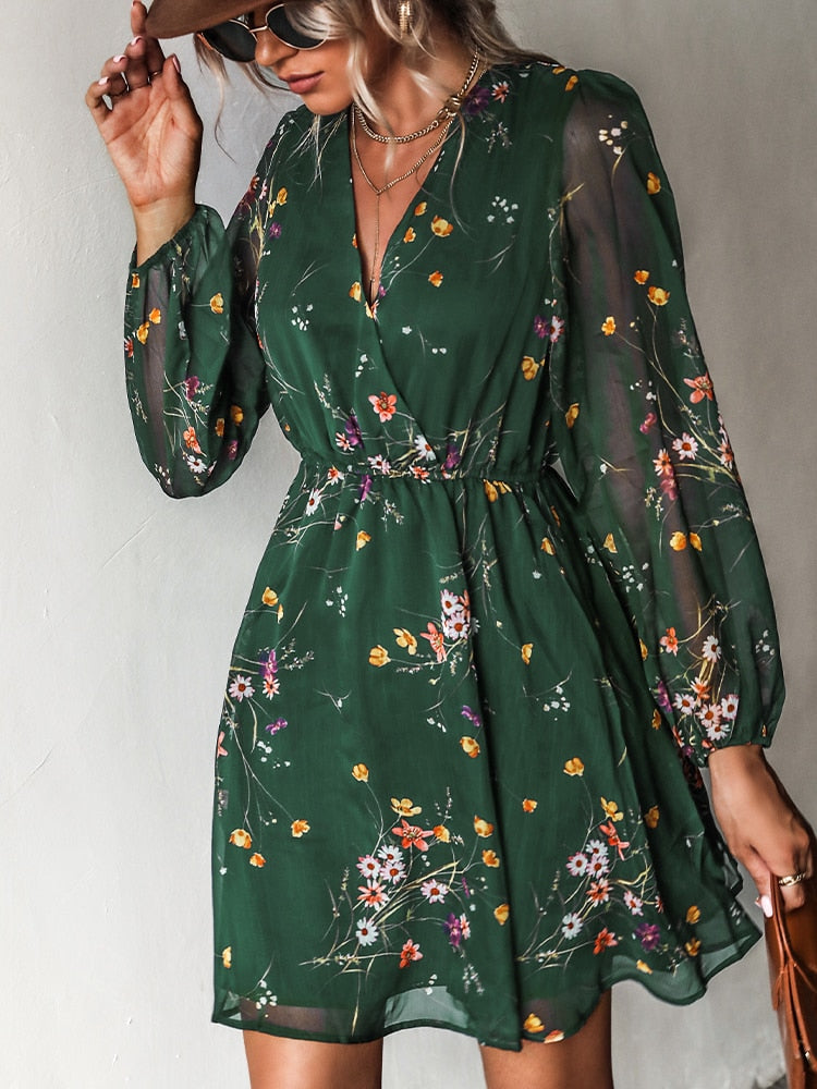 CUPSHE Chiffon V-neck Long Sleeve Mini Dress Woman Navy Floral Holiday Global Fashions GC CUPSHE Chiffon V-neck Long Sleeve Mini Dress Woman Navy Floral Holiday Global Fashions GC