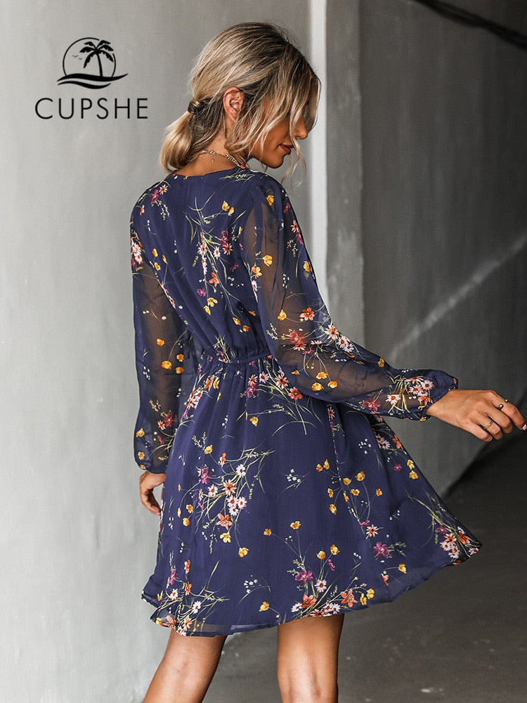 CUPSHE Chiffon V-neck Long Sleeve Mini Dress Woman Navy Floral Holiday Global Fashions GC CUPSHE Chiffon V-neck Long Sleeve Mini Dress Woman Navy Floral Holiday Global Fashions GC