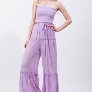 Woven Solid Sleeveless Smocked Ruffle Jumpsuit