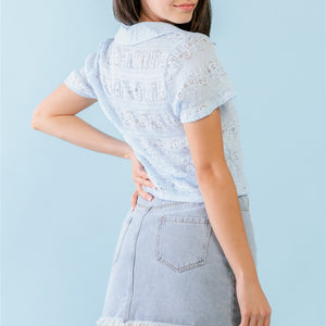 Light Blue Floral Embroidered Button-up Collared Neck Short Sleeve Top