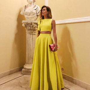 OMILKA Yellow Two Piece Set Women 2020 Autumn One Shoulder Crop Top and Long Big Swing Skirt Set Elegant 2 Piece Outfits