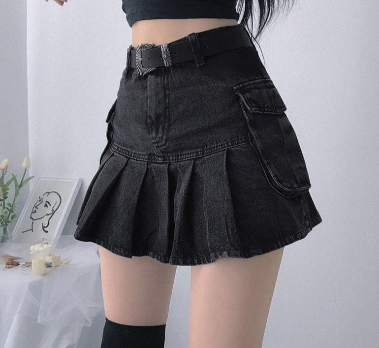 ALLNeon Mall Goth High Waist Jean Skirts Y2K Aesthetics Black Denim Pleated Skirts with Big Pockets Punk Style E-girl Outfits