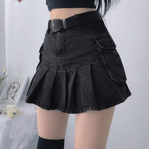 ALLNeon Mall Goth High Waist Jean Skirts Y2K Aesthetics Black Denim Pleated Skirts with Big Pockets Punk Style E-girl Outfits