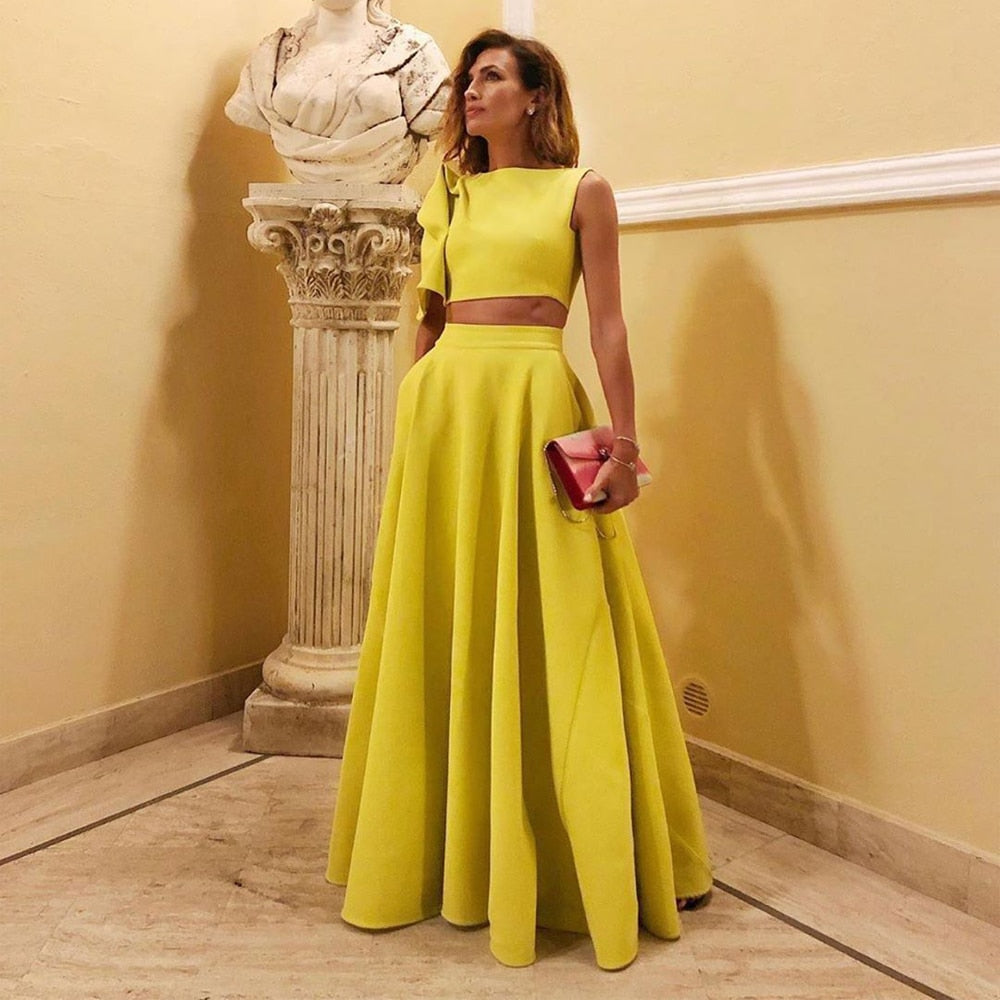 OMILKA Yellow Two Piece Set Women 2020 Autumn One Shoulder Crop Top and Long Big Swing Skirt Set Elegant 2 Piece Outfits