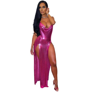 Adogirl Shiny Women Sexy Maxi Night Club Party Dress Deep V Neck Spaghetti Straps Sleeveless Backless High Splity Long Robe