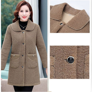 Middle-aged Mothers Faux lamb Wool Coat 2021 Autumn Winter Loose Long-sleeve Outerwear Plus size Solid Female Jacket Casual Tops
