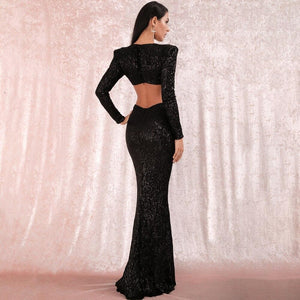 Sexy Black Deep V-Neck Cut Out Shrug Bodycon Open Back Elastic Sequins Long-Sleeved Party Maxi Dress