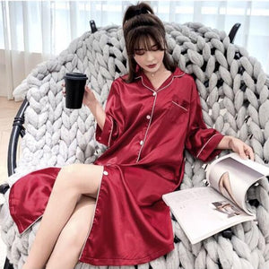CAIYIER Solid Red Silk Night Dress Winter Long Sleeve Women Sleepshirts Sexy Loose Turn-down Collar Large Size Homewear M-3XL