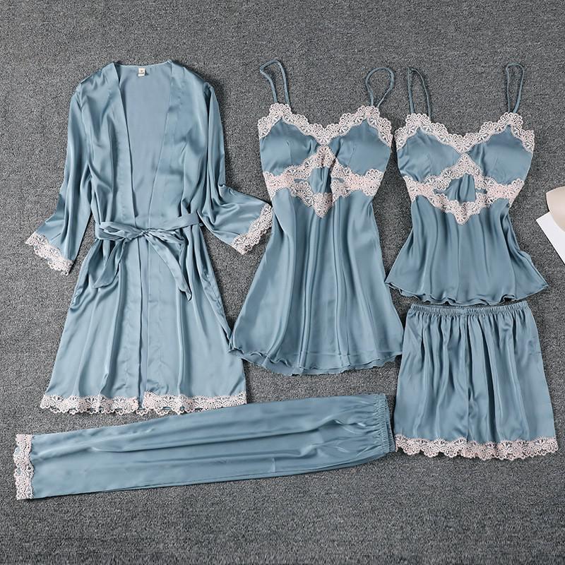 Ladies Sweet Lace Trim 5PCS Satin Pajamas Suit Sexy V-Neck Strap Night Dress Spring Autumn Bathrobe With Bra Sleepwear Homewear