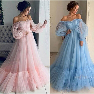 Pink Blue Prom Dresses Long Sleeve Off The Shoulder Gauze Princess Vestido 2021 Homecoming Ball Gown Formal Evening Party Robes