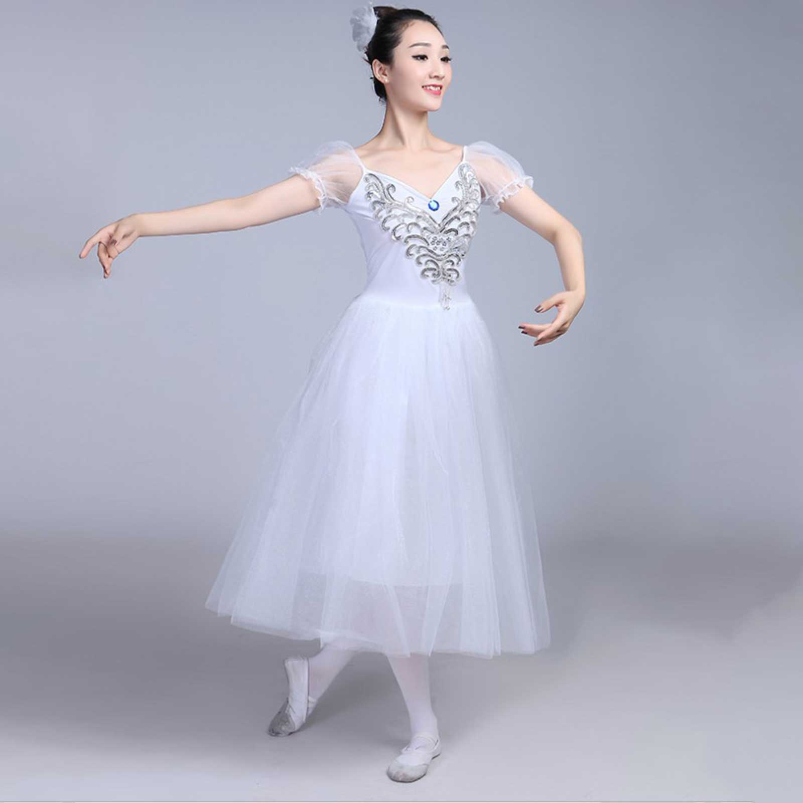 Women Long Tulle Pink/Blue/White Tutu Ballet Dress Adult Puff Sleeves Romantic Stage Performance Ballroom Party Dance Costume Pink / XL