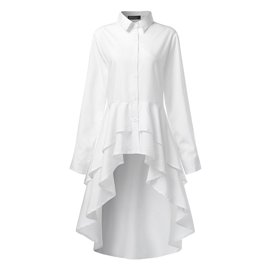 Fashion Women Ruffles Hem Shirt ZANZEA Elegant Lapel Neck Swallowtail Shirts Solid Long Sleeve High Waist Tops Irregular Blusas