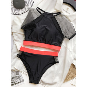 High waist bikini Patchwork swimwear female Short sleeves 2 pieces set