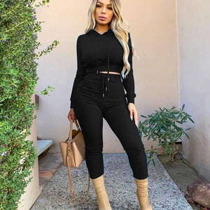 Ribbed Knitted Crop Top Hoodies Tracksuit