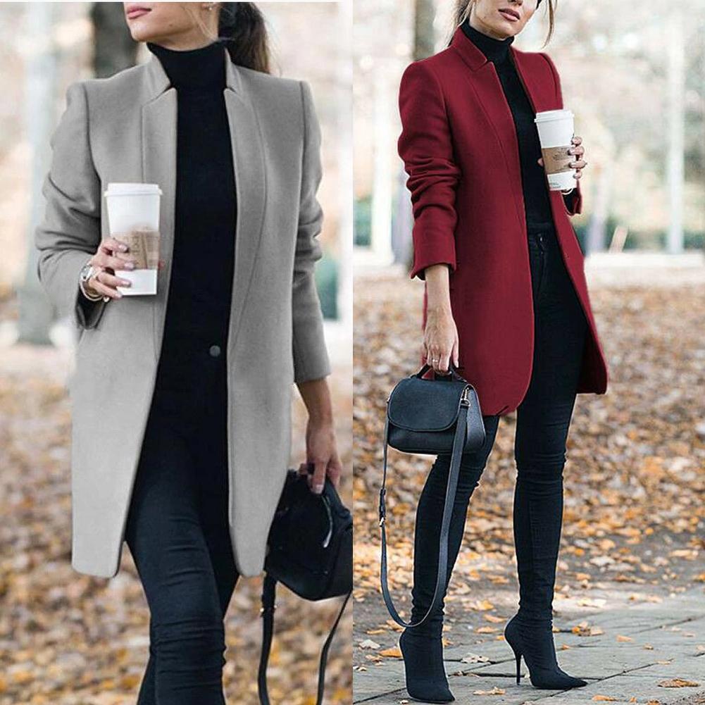 I -Jewelry Fashion  Women Woolen Coat Office Lady Autumn Solid Color Stand Collar Woolen Warm Clothings M-5XL