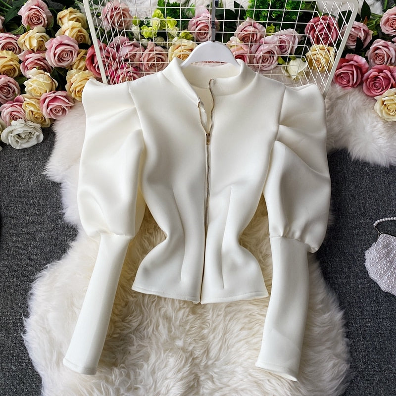 Solid Stand Collar Puff Sleeve Blouses