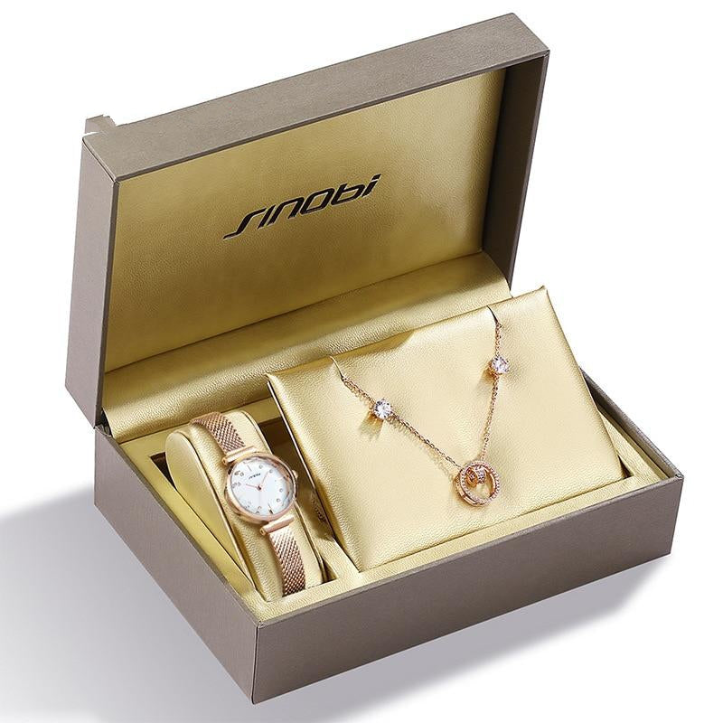 Woman Watch Earring Necklace Set with Box