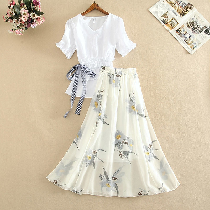 Women&#39;s Shirts Long Dress Two Piece Suit Summer Foreign Style High Waist A-line Skirts Sets Korean Fashion School Casual Clothes