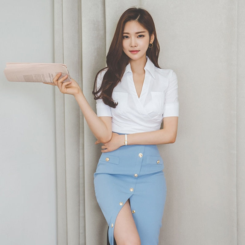 new arrival fashion korean style set for women summer office lady elegant simple blue pencil skirt and white shirt two piece set
