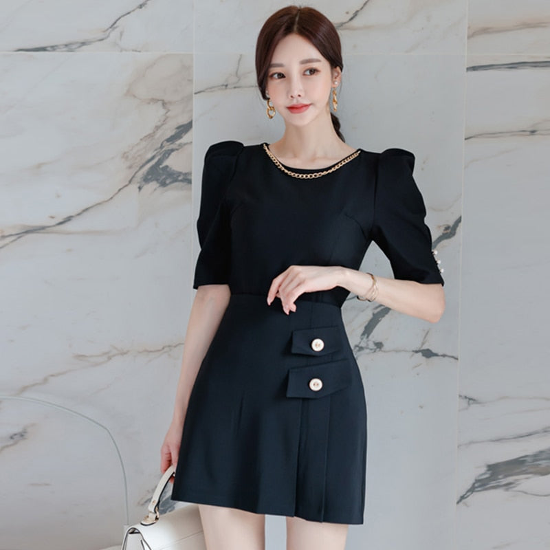 H Han Queen New 2 Pieces Set Women Summer O-Neck Black Shirts And High Waist A-Line Skirts Korean Slim Casual Office Lady Suit