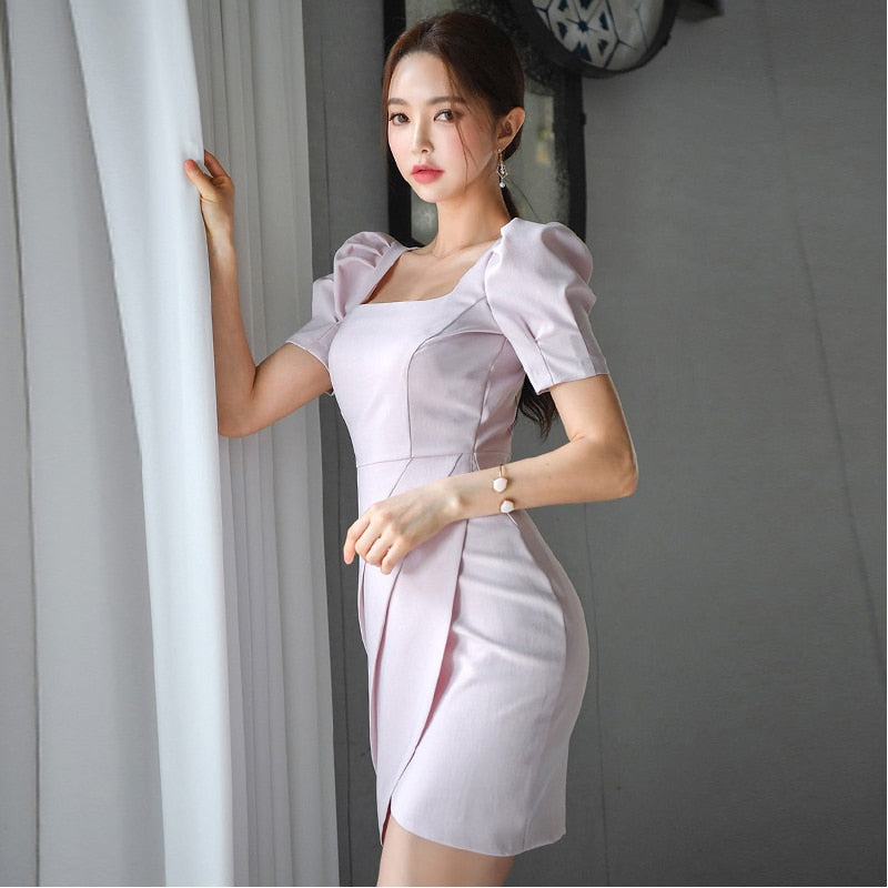 New Arrival Fashion Summer Korean Mini Party Dress Women OL Elegant Temperament Retro Short Sleeve Folds Slim Asymmetrical Dress