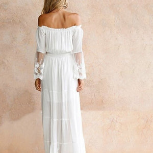 Sexy Off Shoulder Lace Boho Women Maxi Dress Women White Beach Dress Strapless Long Sleeve Loose Dress 2021 New