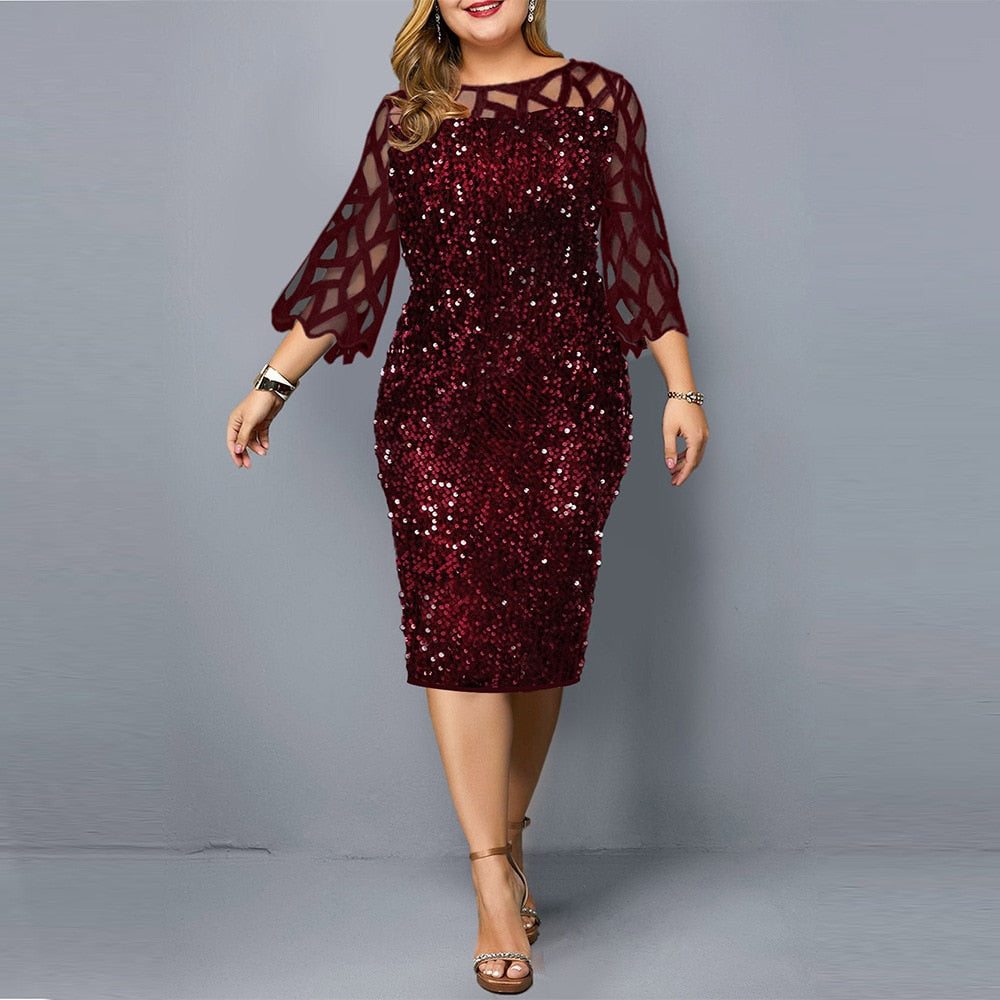 Party Dresses Sequin Plus Size Women&#39;s Dress 2021 Mesh See Through Long Sleeve Bodycon Dress Wedding Evening Party Club Dress