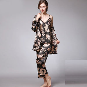 Women Silk Sexy Summer Lingerie Pijiama Satin Dragon Long Sleeve Pajamas Gown Korean Three Piece Pajama Sets Navy Sleepwear