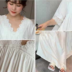 Nightgowns Women V-neck Summer Loose Pure Color Students Sleepwear Chic Japanese Style White Sweet Girls Casual Lace Half Sleeve