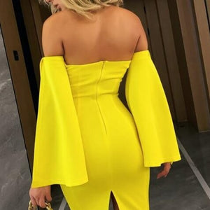 Off Shoulder Solid Mini Dress Women Sexy Backless Split Long Flare Sleeves Autumn Dresses Club Party Bodycon Dresses 2020