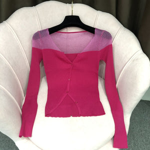 Sexy Thin Stitch Ice Silk V-neck Long-Sleeved Knitted Blouse