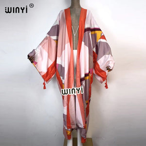 2021 WINYI Cotton Bikini Sweet Lady Pink Boho Print Self Belted Front Open Long Kimono Dress Beach Tunic Women Wrap Dresses