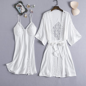 Sexy Hollow Out Women Nighty&Robe Set Kimono Bath Gown White Wedding Robe 2PCS Sleepwer Thin Satin Mini Nightdress Nightgown