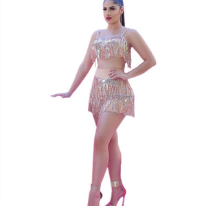 Sequined Tassel Two Piece Set Women Dance Clothing Spaghetti Strap Crop Tops and Shorts Sets Sexy Shining Party Club Outfits