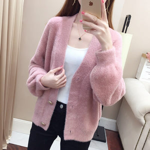 Knitted V-neck Bubble Sleeve Single-breasted Casual Short Sweater
