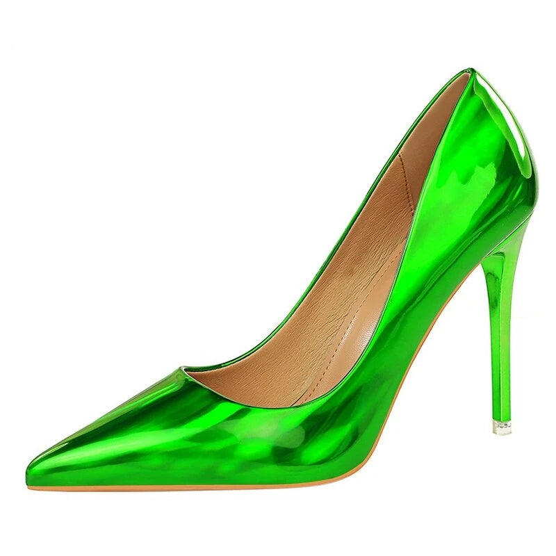 Patent Leather Pointed Toe Slip on Shallow  High Heel Shoes