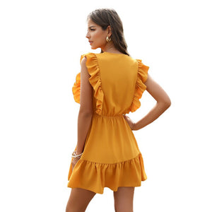 Women Summer Dress Casual Boho Beach Ruffles 2020 Mini Dress Party Sexy V-Neck High Waist Female Dresses