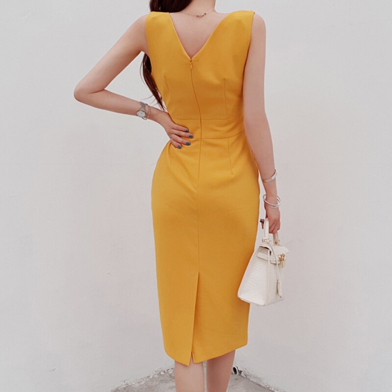 Brief Style Women Yellow V-neck with Slit Sleeveless Bodycon Formal Office Lady Work Dress Club Summer