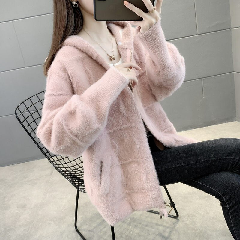 Thick Plush Hooded Knitted Jacket With Zipper