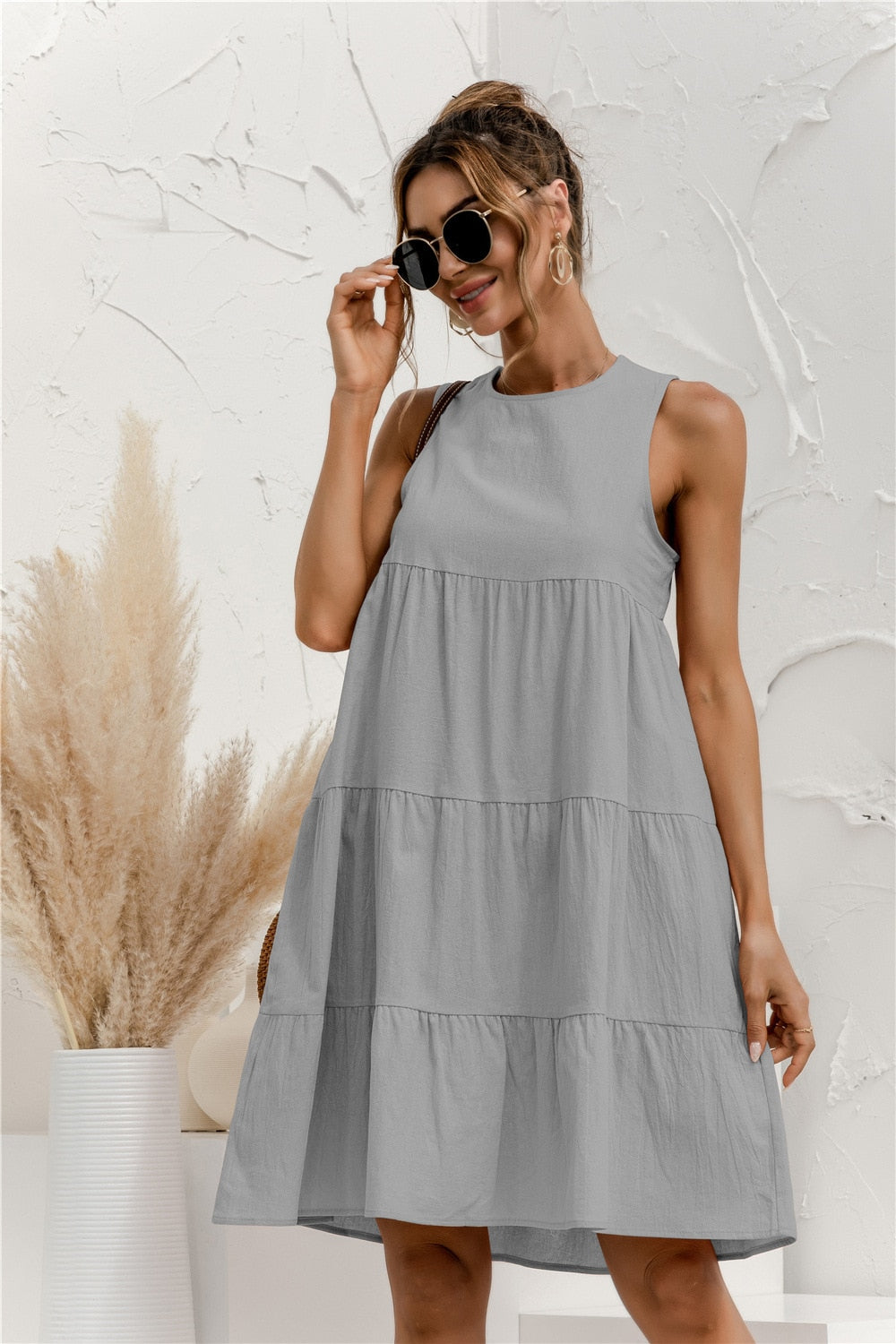 2021 Summer Women Vest Dress Cotton O-Neck Sleeveless Solid Midi Dress Stitching Large Swing Casual Loose Dress Vestido Sundress
