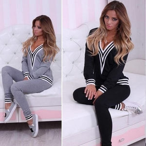 Long Sleeve Slim Casual Jogging V-neck Two Piece Set